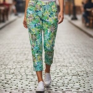 Attyre New York Caroline Tropical Palm Print Crop Pants Green Blue Size 10 NWT